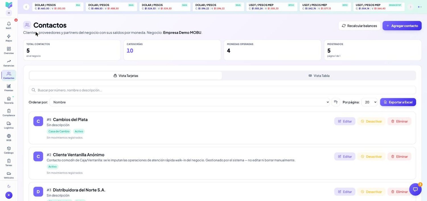 Módulo Contactos de MOBU — captura real