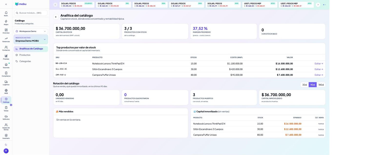 Analíticas de Catálogo en MOBU — captura real de la app