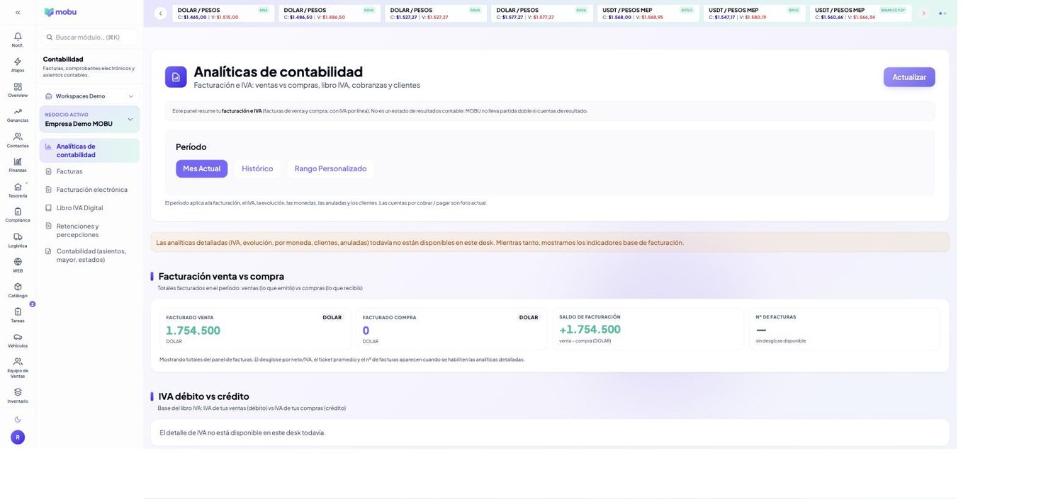 Analíticas de contabilidad en MOBU — captura real de la app