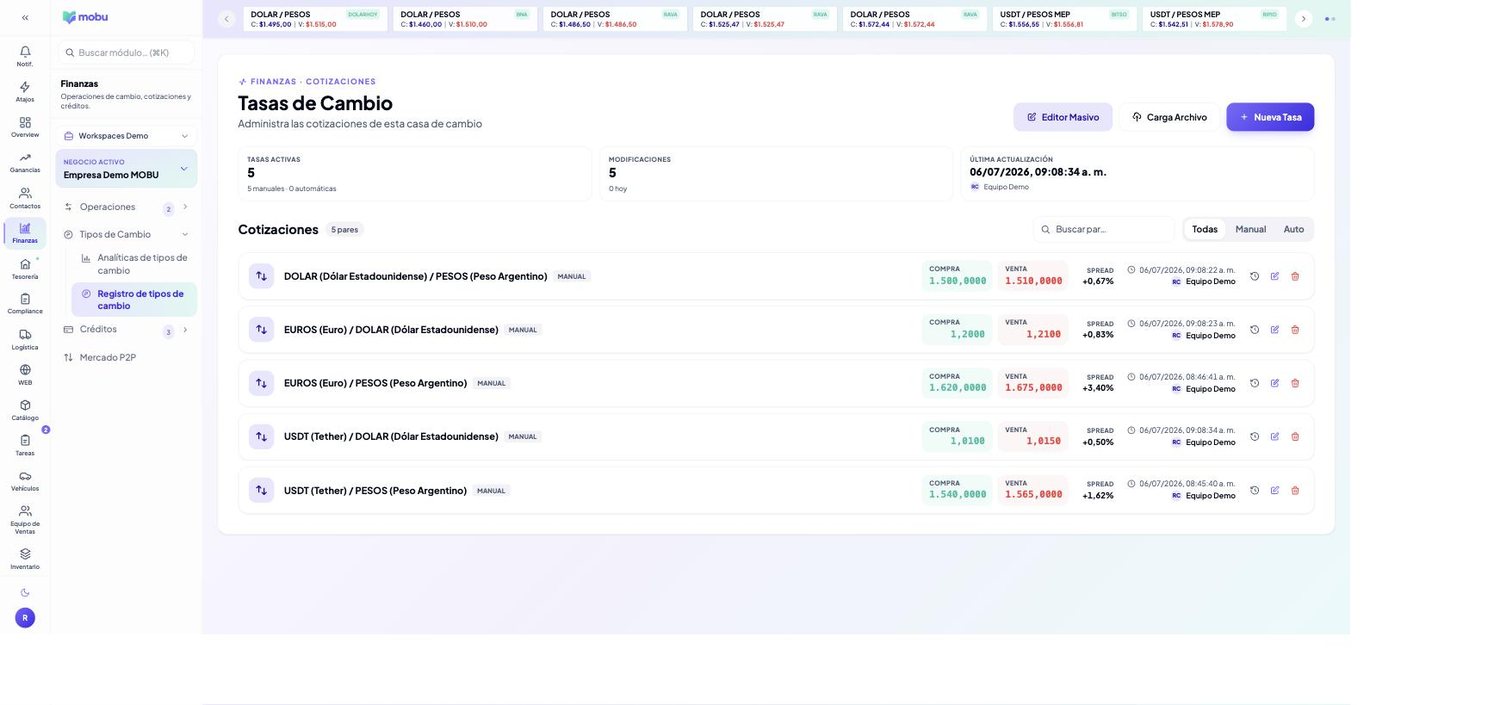 Registro de tipos de cambio en MOBU — captura real de la app