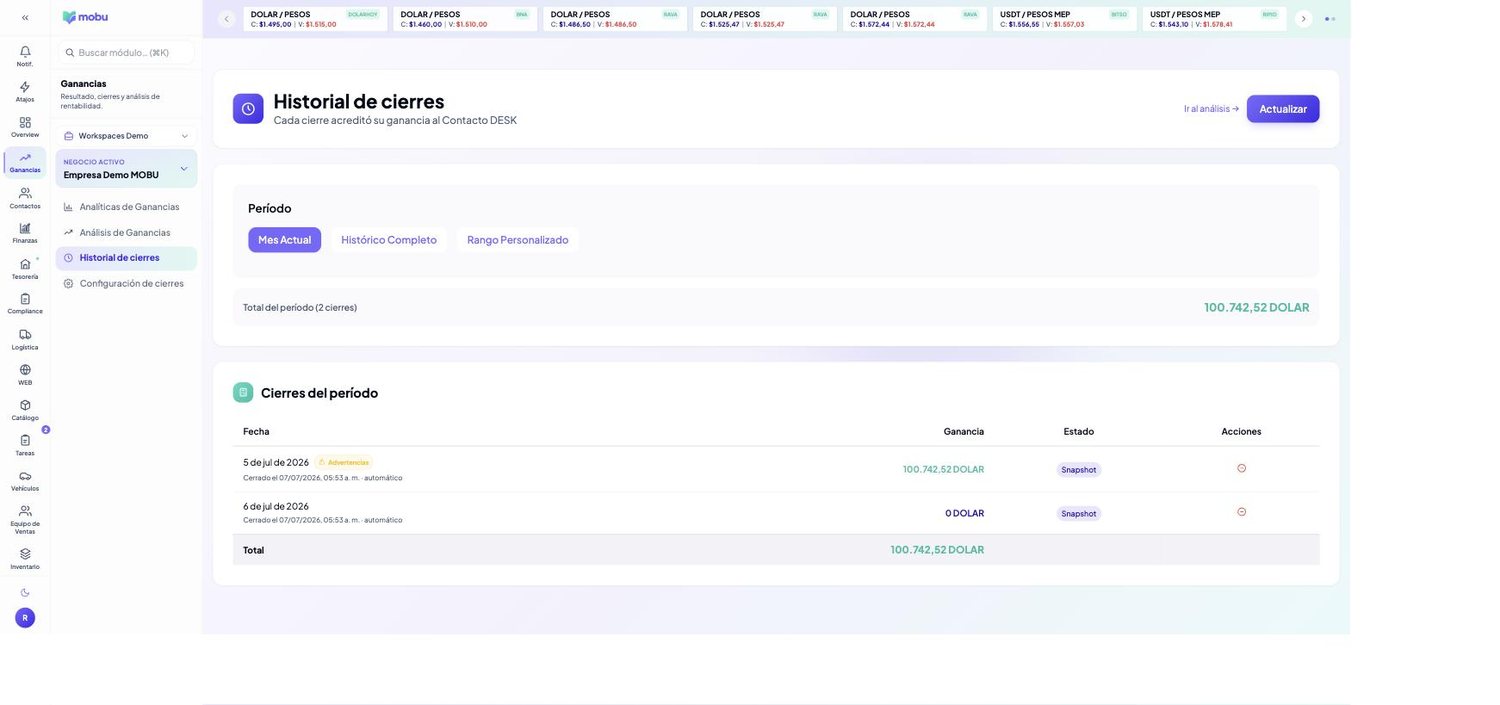 Historial de cierres en MOBU — captura real de la app
