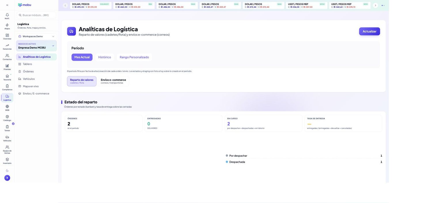 Analíticas de Logística en MOBU — captura real de la app