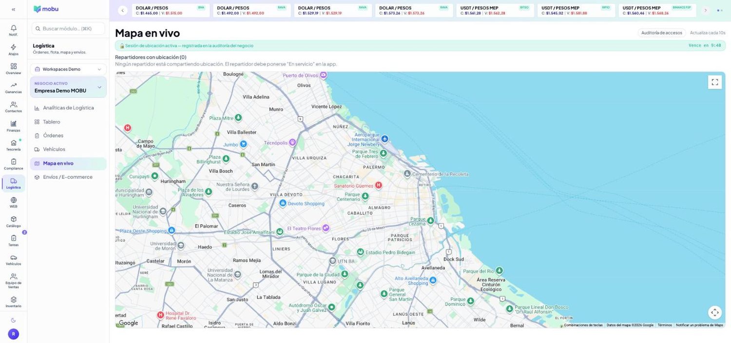 Mapa en vivo en MOBU — captura real de la app