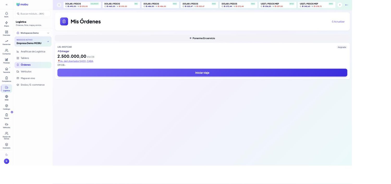 Órdenes de logística en MOBU — captura real de la app