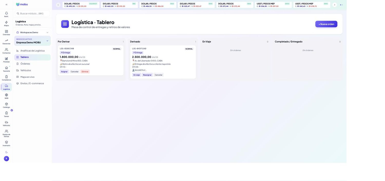 Tablero de reparto en MOBU — captura real de la app