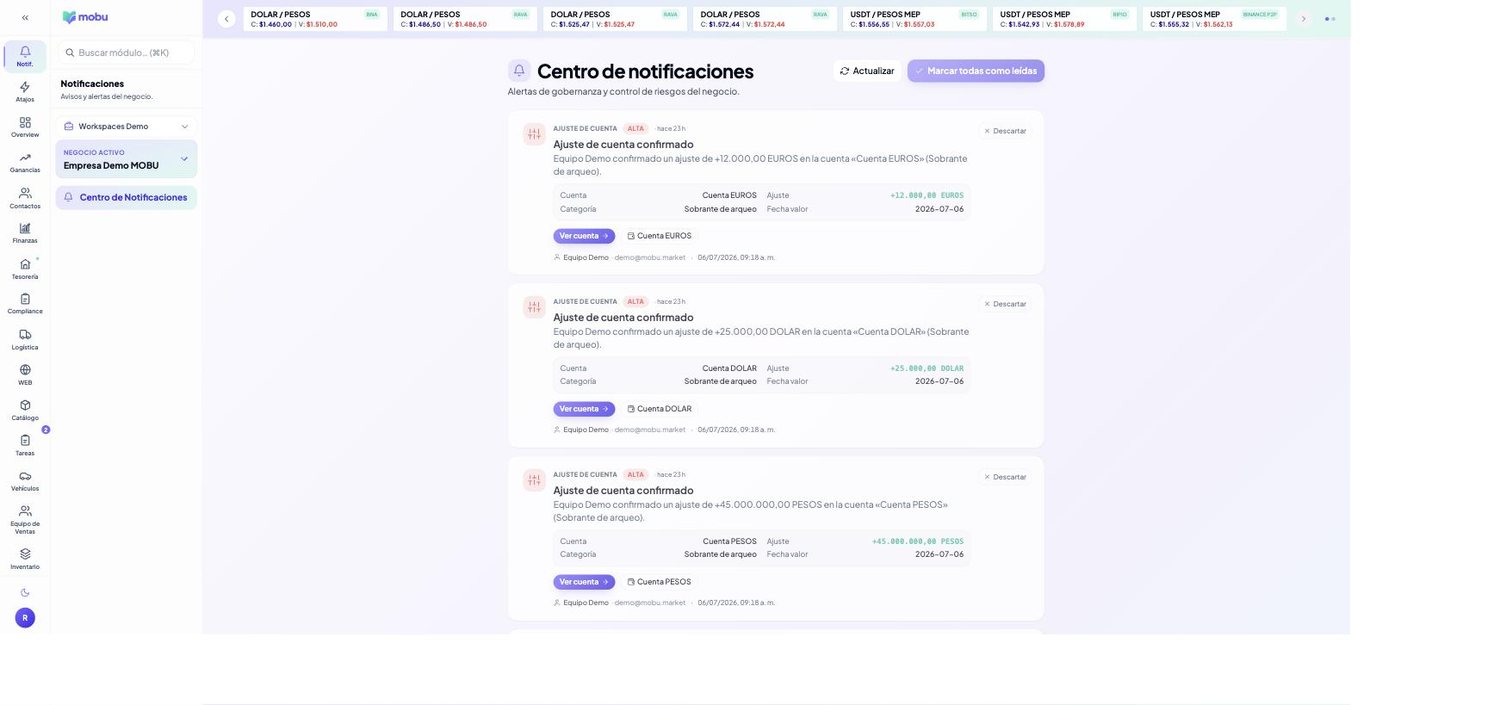 Módulo Centro de Notificaciones de MOBU — captura real de la app