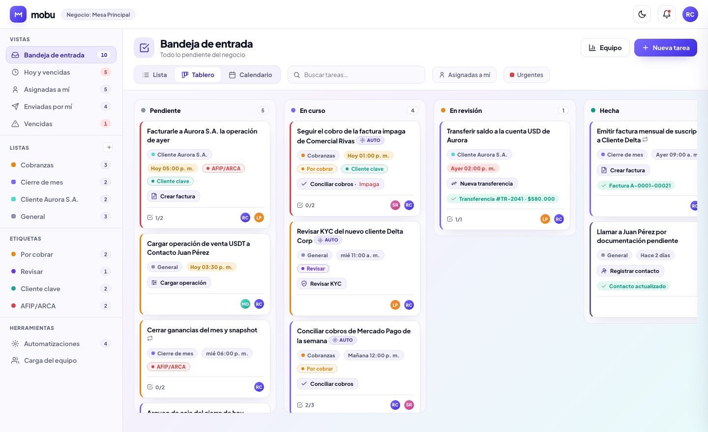 Módulo Tareas de MOBU — captura real de la app
