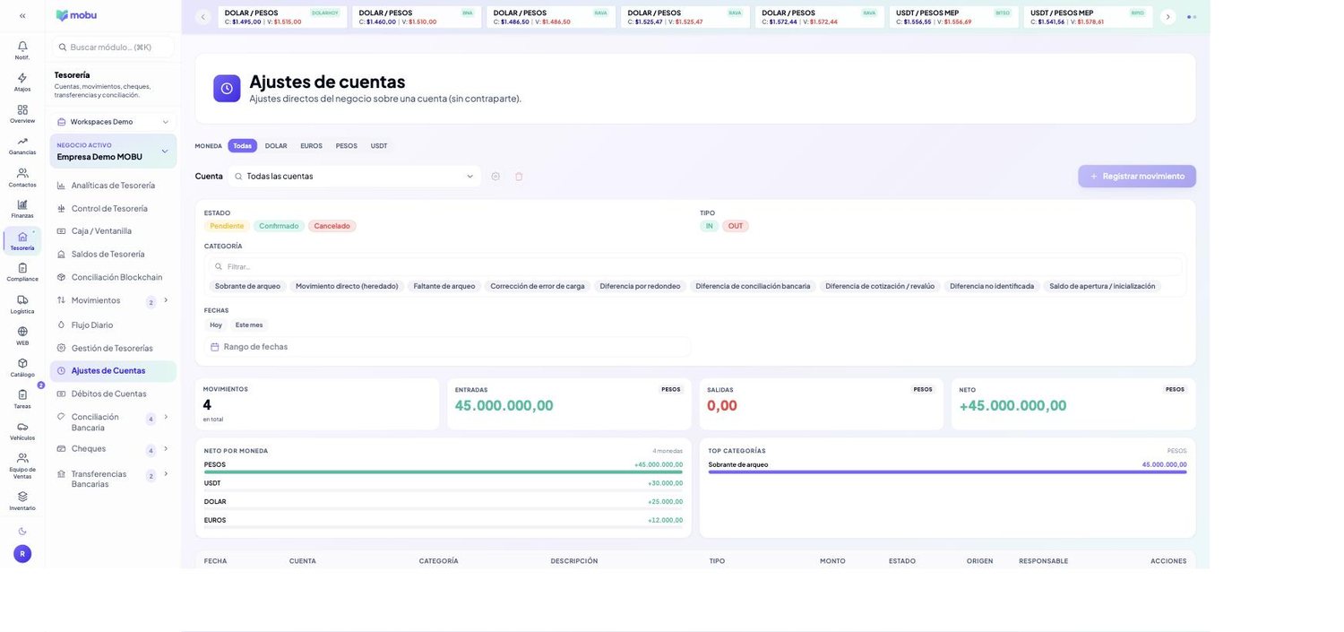 Ajustes de Cuentas en MOBU — captura real de la app