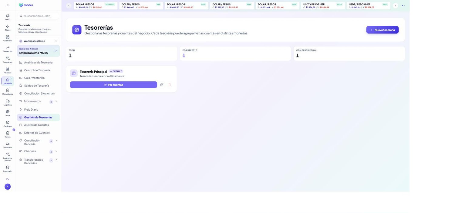 Gestión de Tesorerías en MOBU — captura real de la app