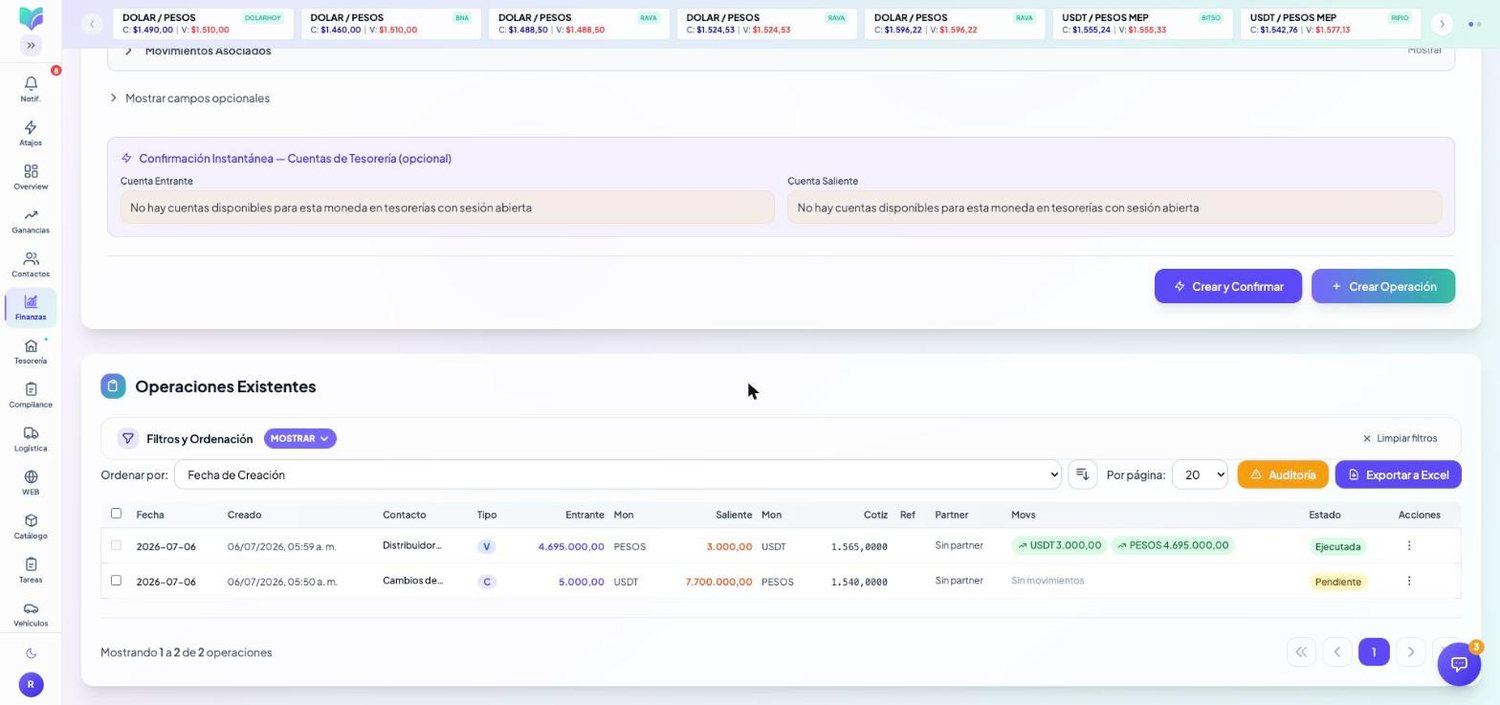 Módulo Operaciones de MOBU — captura real